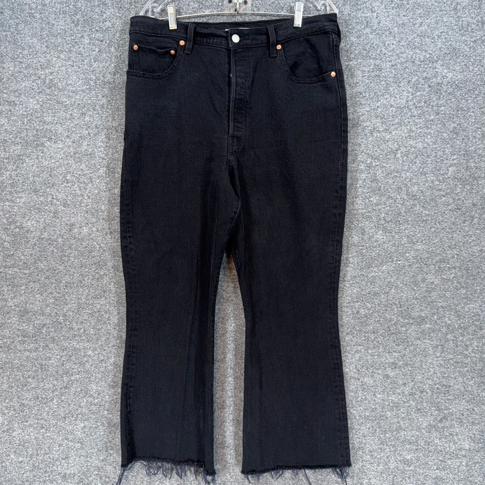 Levis Ribcage Crop Flare Jeans Womens 32 Black Raw Hem High Rise Denim Casual